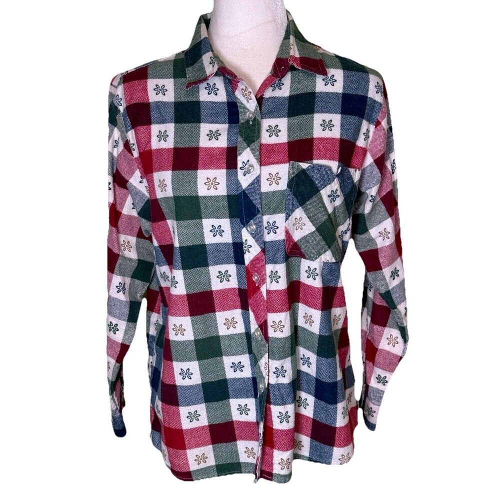 Women Plaid Floral Button Front Top Collared Long Sleeve Cottagecore Rustic Sz M
